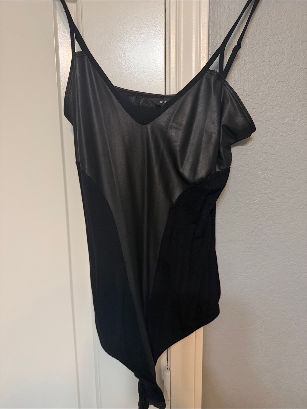 Guess Black Faux-Leather & Stretch Spaghetti Strap Bodysuit
